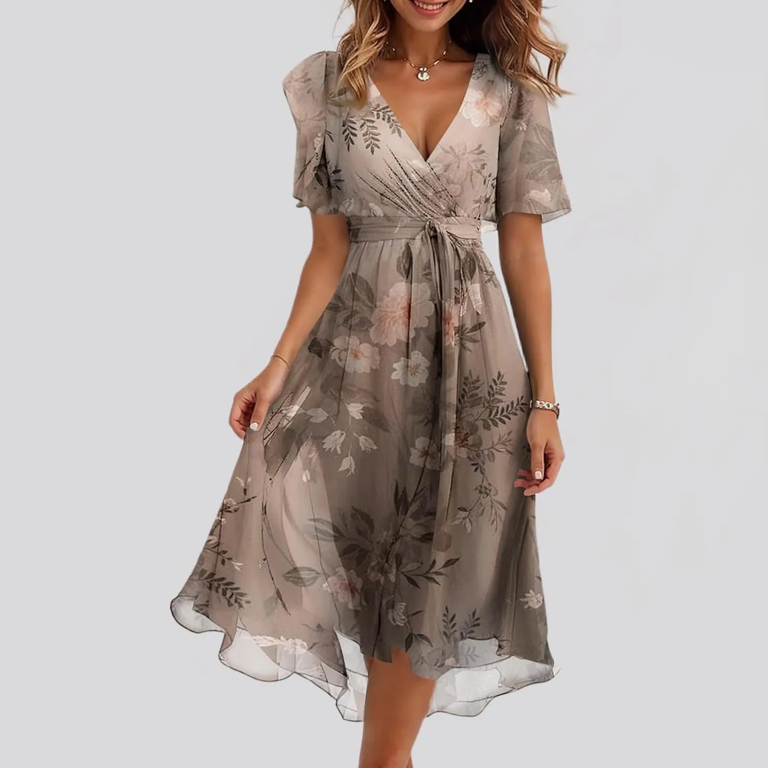 Womens Dresses Chiffon Waist Tie Floral Print Short Sleeve Sexy Party Beach Midi Dress
