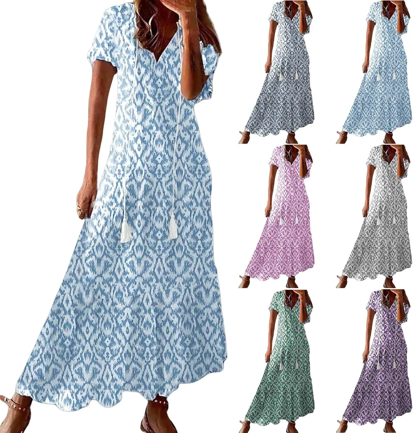 Womens Floral Maxi Dresses Casual Long Summer Boho 3/4 Sleeve Casual A-Line Dress Frill Trim V Neck Maxi Sundress
