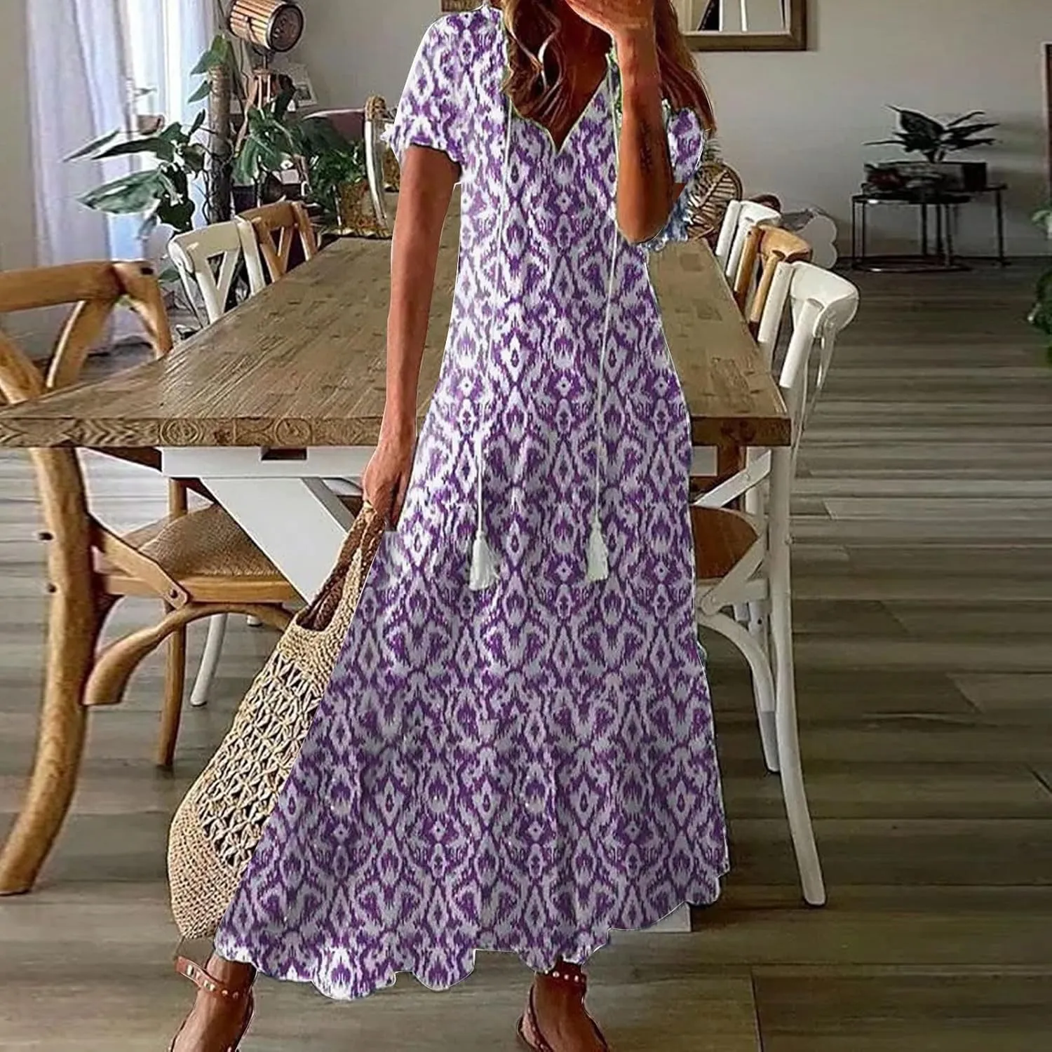 Womens Floral Maxi Dresses Casual Long Summer Boho 3/4 Sleeve Casual A-Line Dress Frill Trim V Neck Maxi Sundress