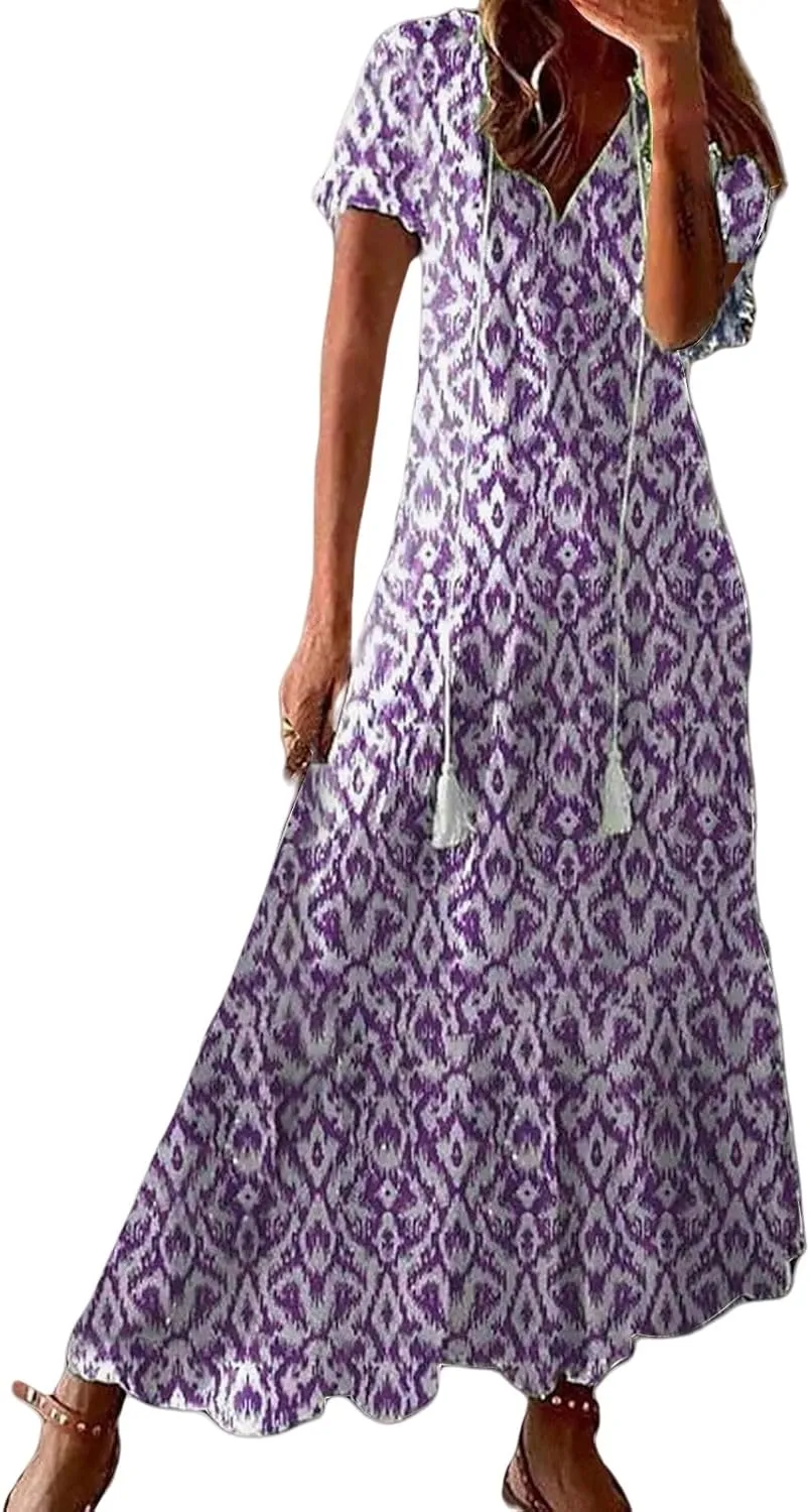 Womens Floral Maxi Dresses Casual Long Summer Boho 3/4 Sleeve Casual A-Line Dress Frill Trim V Neck Maxi Sundress