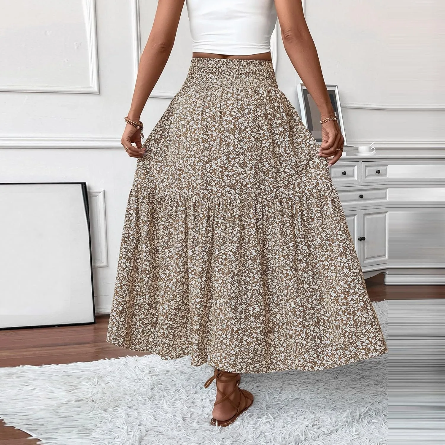 Women's Floral Midi Skirt with Pockets High Elastic Waist Flowy Ruffle Casual Summer Boho Aline Skirts