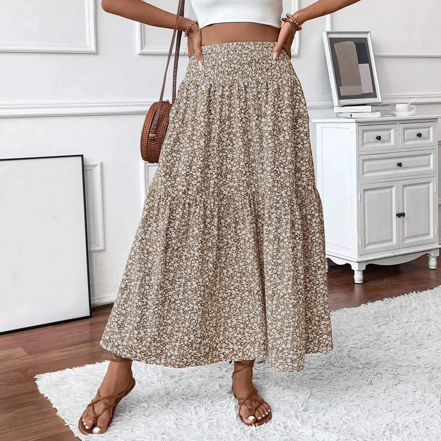 Women's Floral Midi Skirt with Pockets High Elastic Waist Flowy Ruffle Casual Summer Boho Aline Skirts