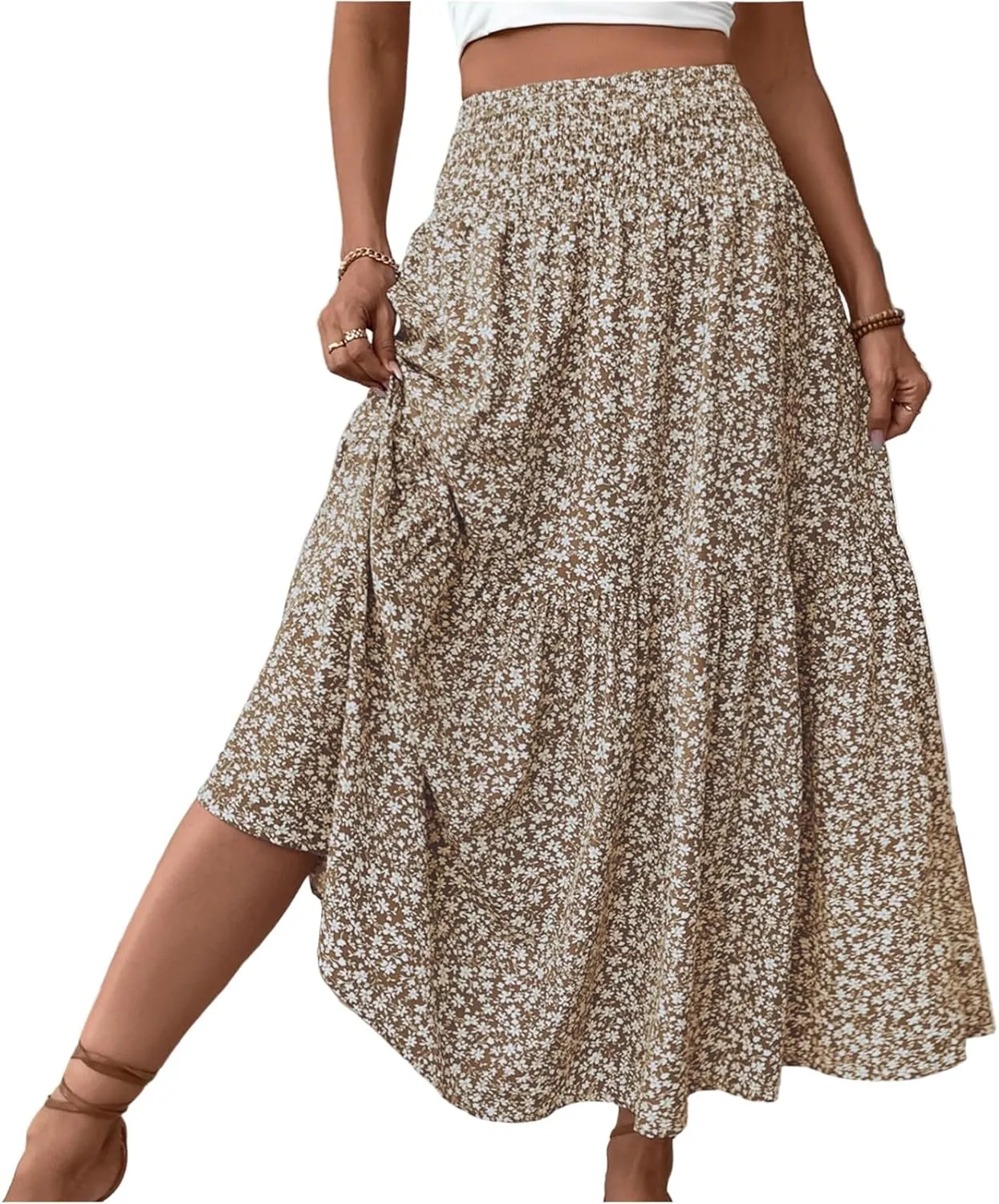 Women's Floral Midi Skirt with Pockets High Elastic Waist Flowy Ruffle Casual Summer Boho Aline Skirts
