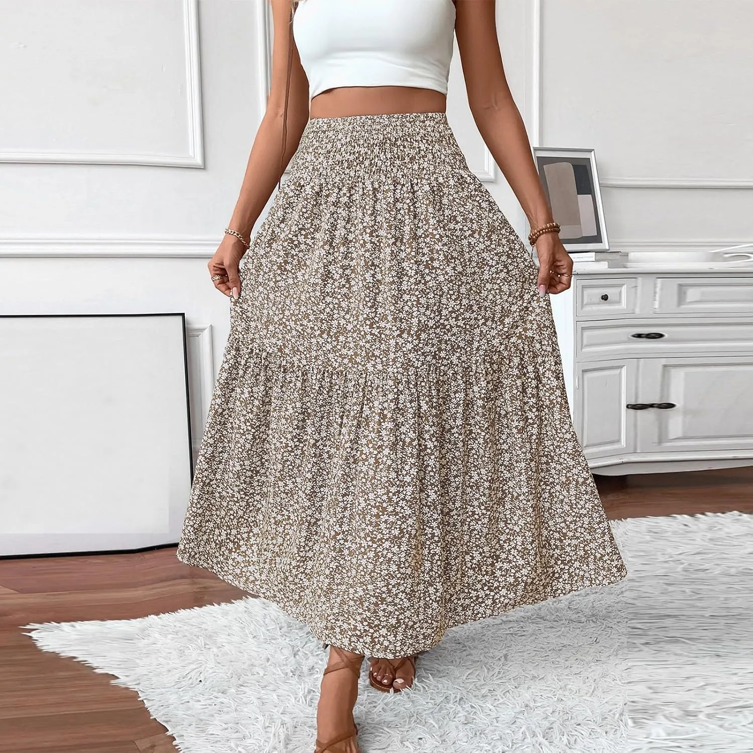 Women's Floral Midi Skirt with Pockets High Elastic Waist Flowy Ruffle Casual Summer Boho Aline Skirts