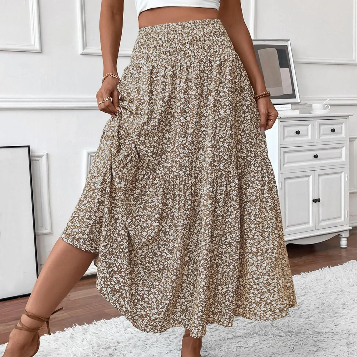 Women's Floral Midi Skirt with Pockets High Elastic Waist Flowy Ruffle Casual Summer Boho Aline Skirts