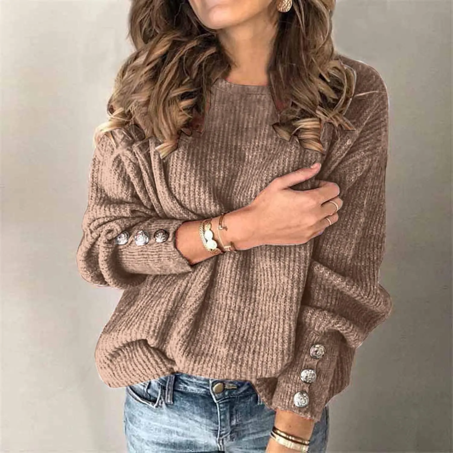 Womens Gigot Sleeve Sweaters Vintage Button Chunky Crewneck Pullover Sweaters for Women Fall Winter Leisure Knit Sweater