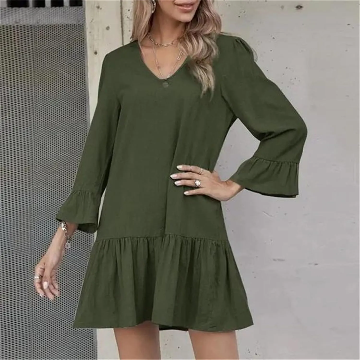 Women's Linen Tunic Dress Cute V Neck Long Sleeve Casual Loose Flowy Swing Ruffle Dresses Pleated A Line Mini Dress