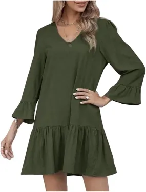 Women's Linen Tunic Dress Cute V Neck Long Sleeve Casual Loose Flowy Swing Ruffle Dresses Pleated A Line Mini Dress