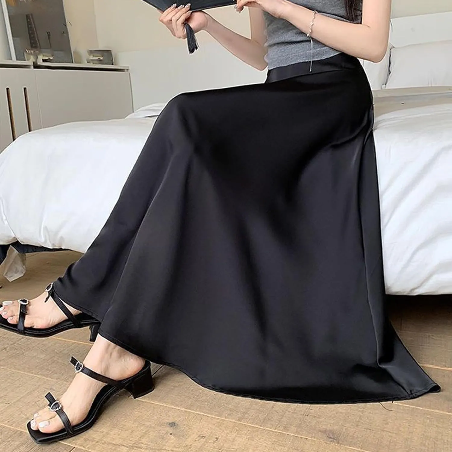 Womens Maxi Skirts Satin Silk Elegant Dressy Elastic High Waist Evening Cocktail Party A-Line Summer Long Skirt
