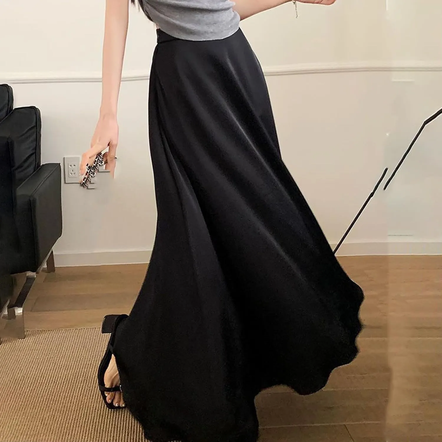 Womens Maxi Skirts Satin Silk Elegant Dressy Elastic High Waist Evening Cocktail Party A-Line Summer Long Skirt