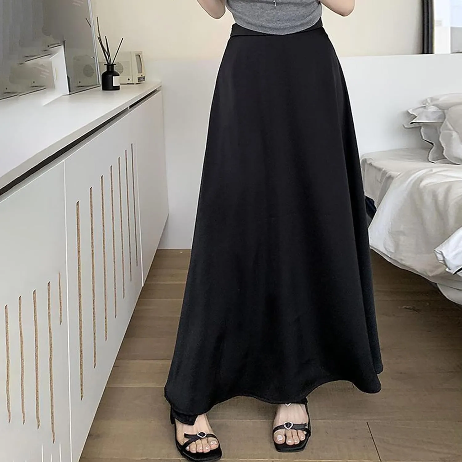 Womens Maxi Skirts Satin Silk Elegant Dressy Elastic High Waist Evening Cocktail Party A-Line Summer Long Skirt