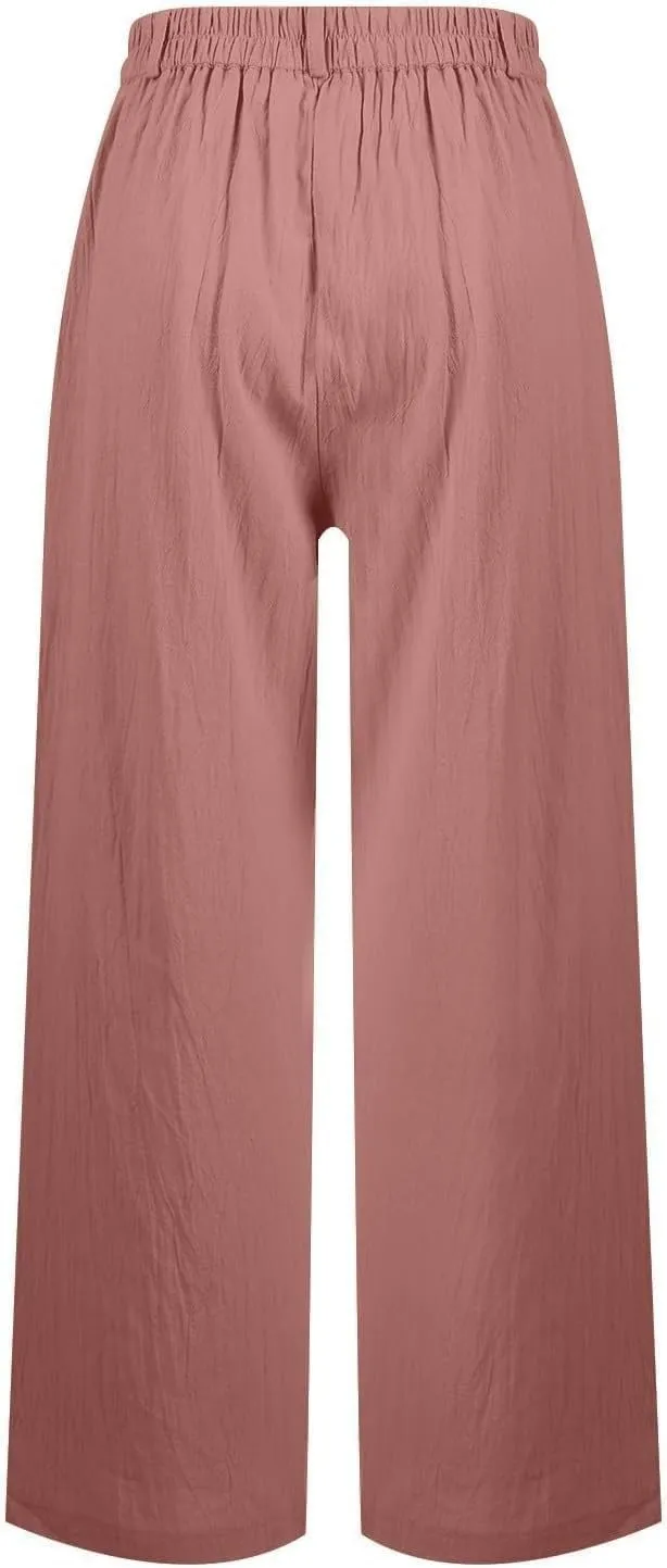 Women's Pull On High Waist Wide-Leg Pants Button Down Straight Long Trousers Slack Flowy Palazzo Pant with Pocket