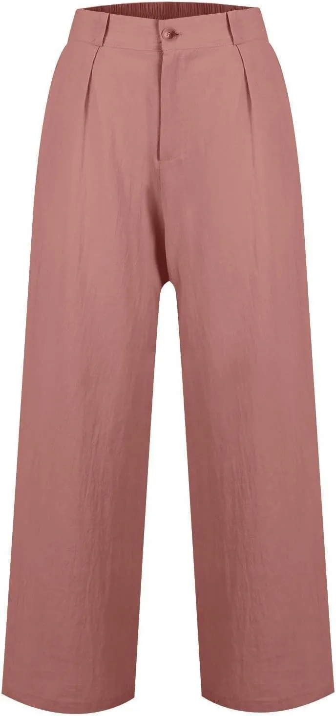 Women's Pull On High Waist Wide-Leg Pants Button Down Straight Long Trousers Slack Flowy Palazzo Pant with Pocket