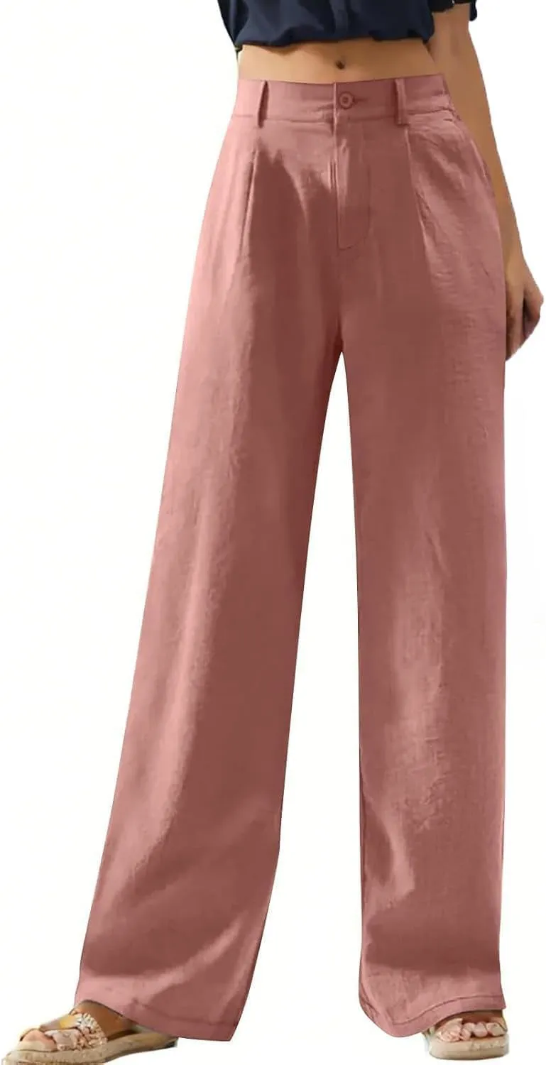 Women's Pull On High Waist Wide-Leg Pants Button Down Straight Long Trousers Slack Flowy Palazzo Pant with Pocket