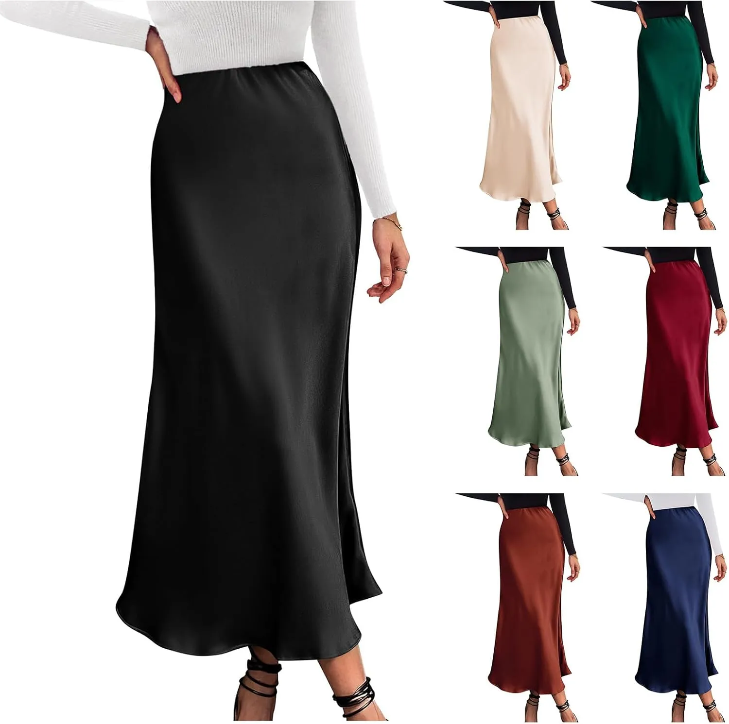 Womens Satin Silk Maxi Skirt High Waisted A Line Flowy Ruffle Elegant Party Skirts Casual Formal Work Skirt