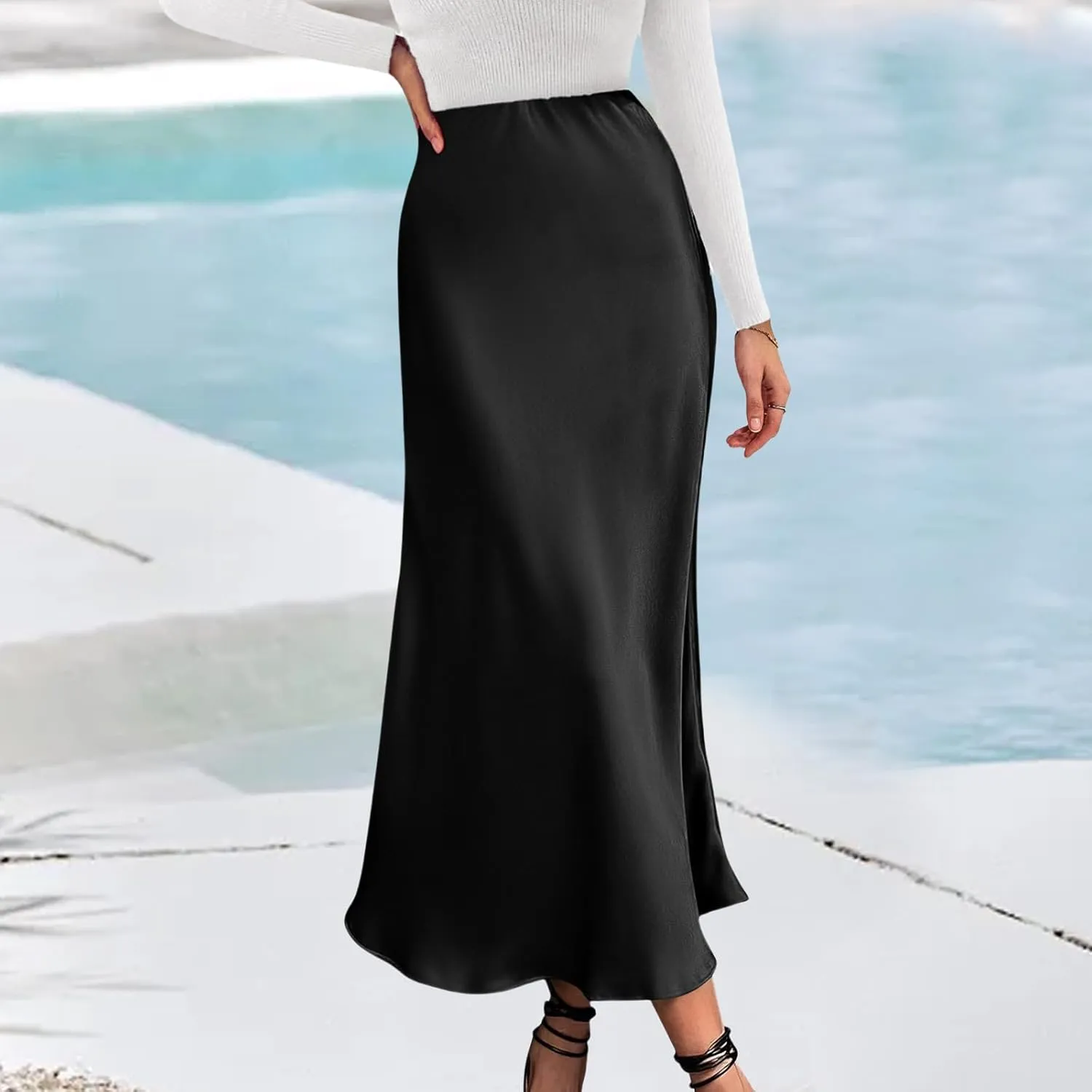 Womens Satin Silk Maxi Skirt High Waisted A Line Flowy Ruffle Elegant Party Skirts Casual Formal Work Skirt