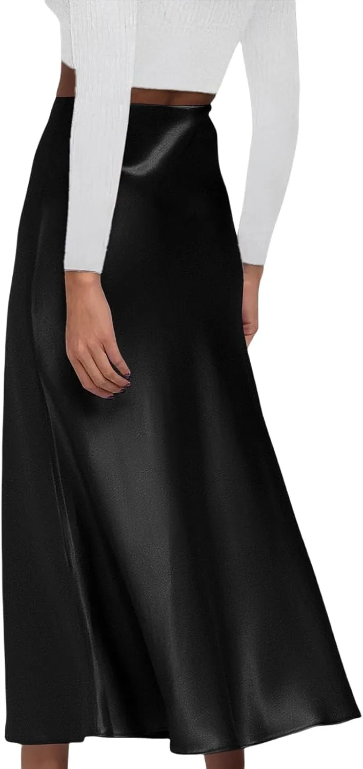 Womens Satin Silk Maxi Skirt High Waisted A Line Flowy Ruffle Elegant Party Skirts Casual Formal Work Skirt