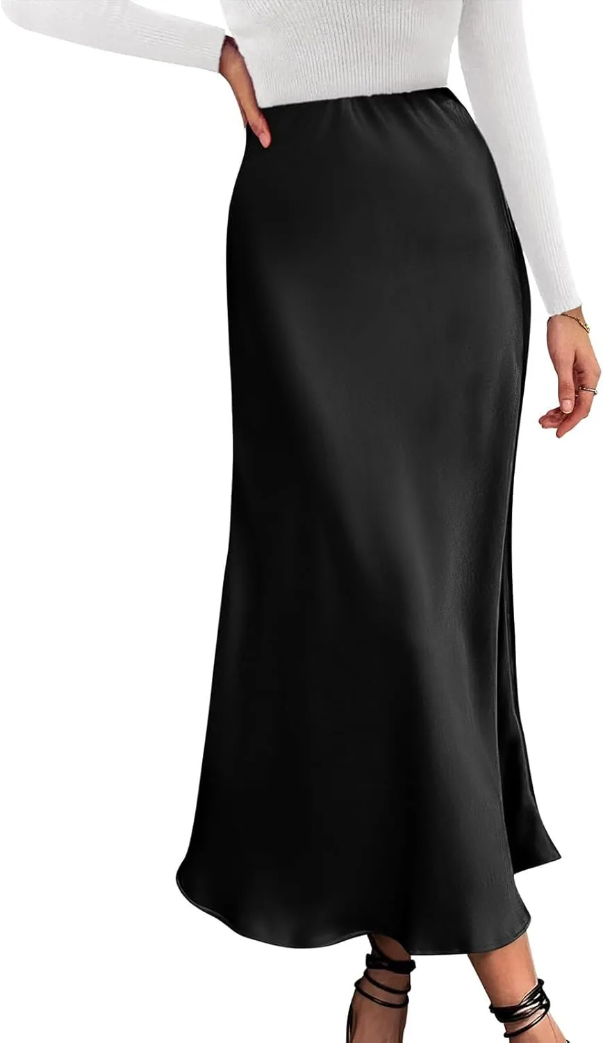 Womens Satin Silk Maxi Skirt High Waisted A Line Flowy Ruffle Elegant Party Skirts Casual Formal Work Skirt