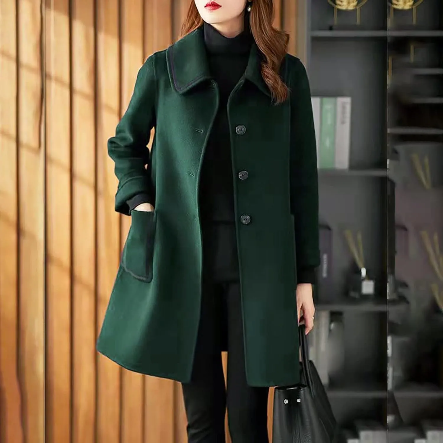 Womens Single Breasted Casual Trench Coat Long Sleeve Buuton Down Lapel Neck Elegant Outwear with Pockets Winter