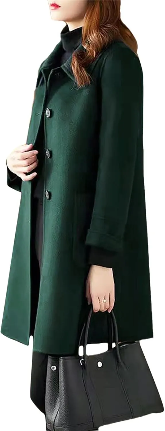 Womens Single Breasted Casual Trench Coat Long Sleeve Buuton Down Lapel Neck Elegant Outwear with Pockets Winter