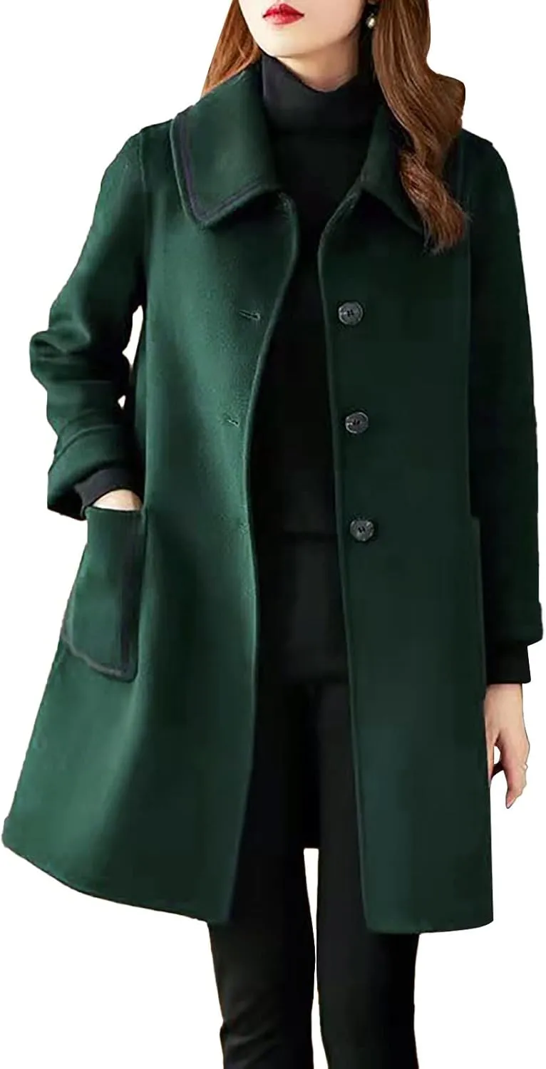 Womens Single Breasted Casual Trench Coat Long Sleeve Buuton Down Lapel Neck Elegant Outwear with Pockets Winter