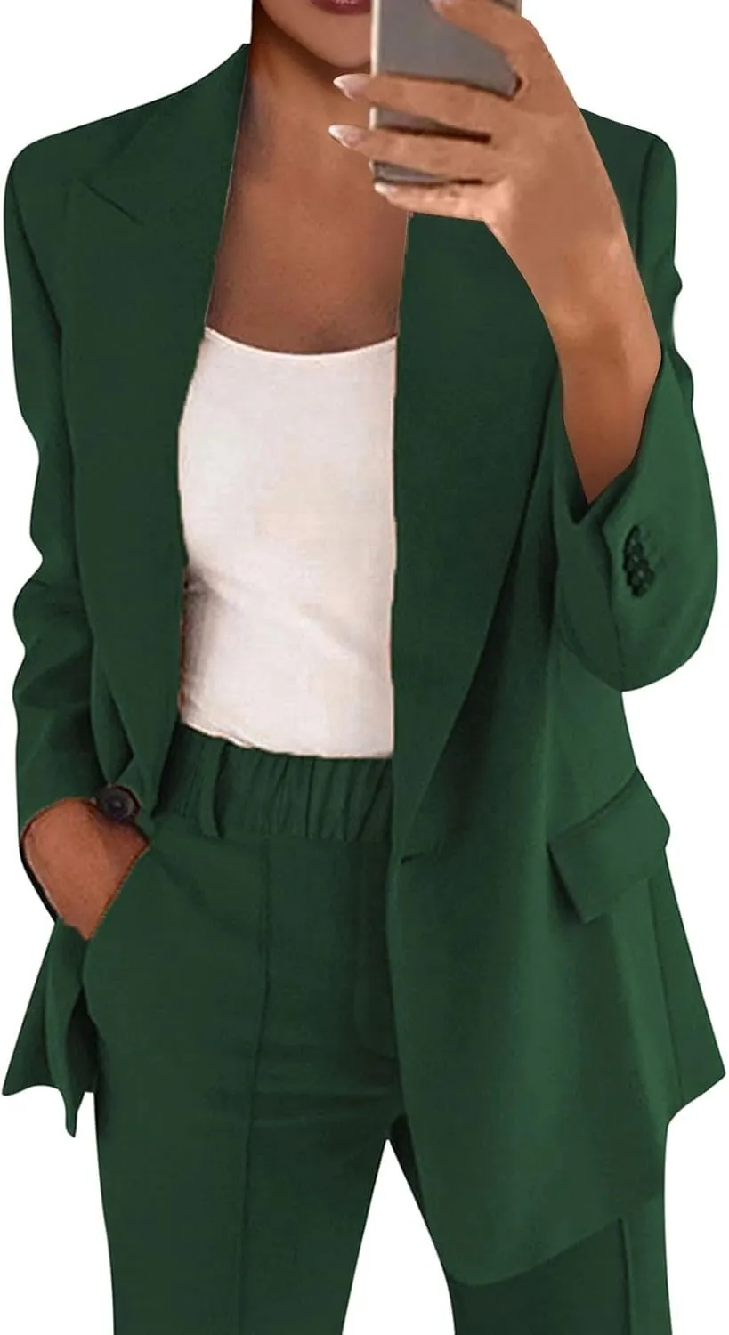 Women's Spring/Fall Two Piece Outfits Dressy Blazer Jacket and Wide Leg Pants Pockets Business Casual Office Suit Sets