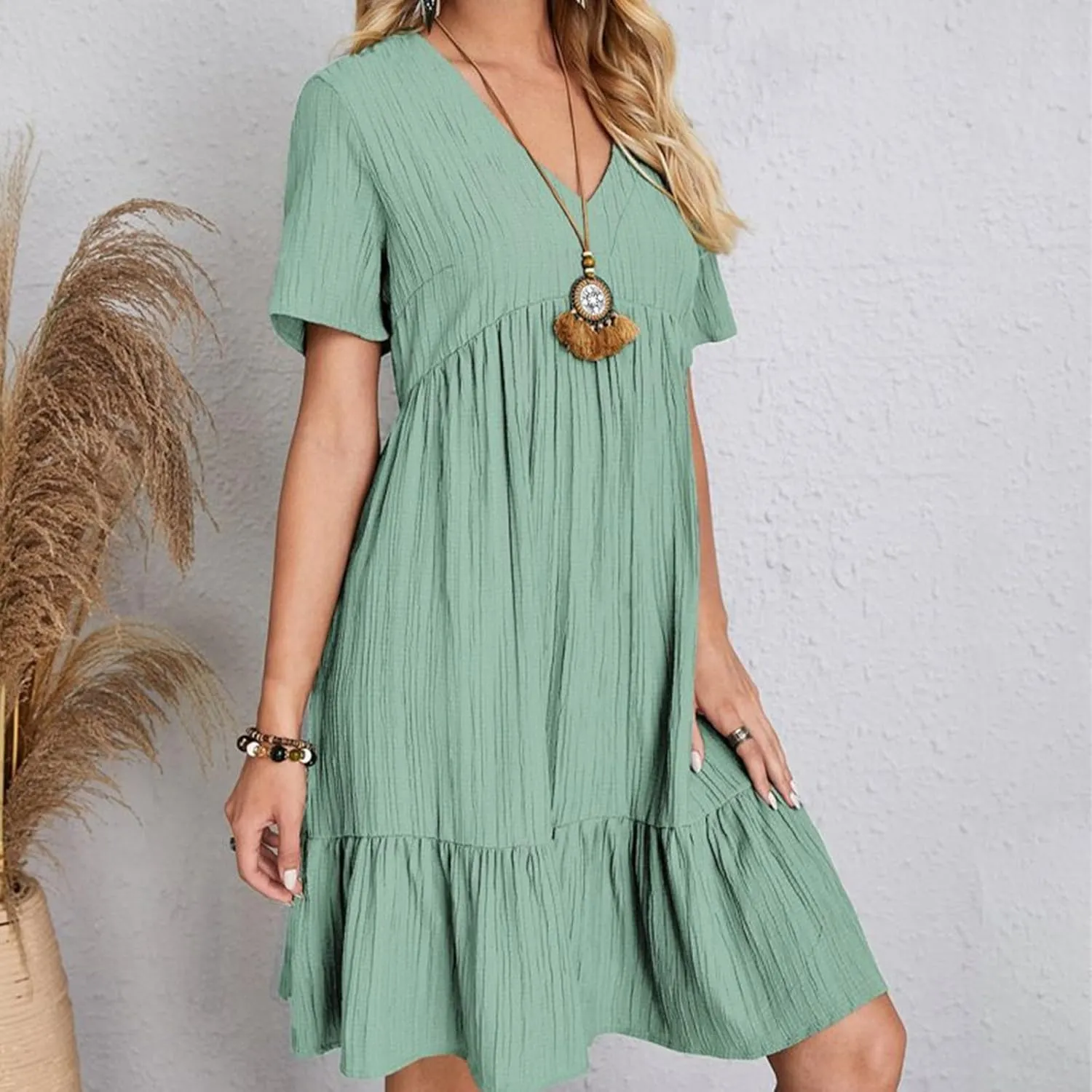 Womens Summer Dress V Neck Short Sleeve Ruffle Hem Tiered Flowy Swing Midi Dresses 2025 Beach Vacation Sundress Outfits
