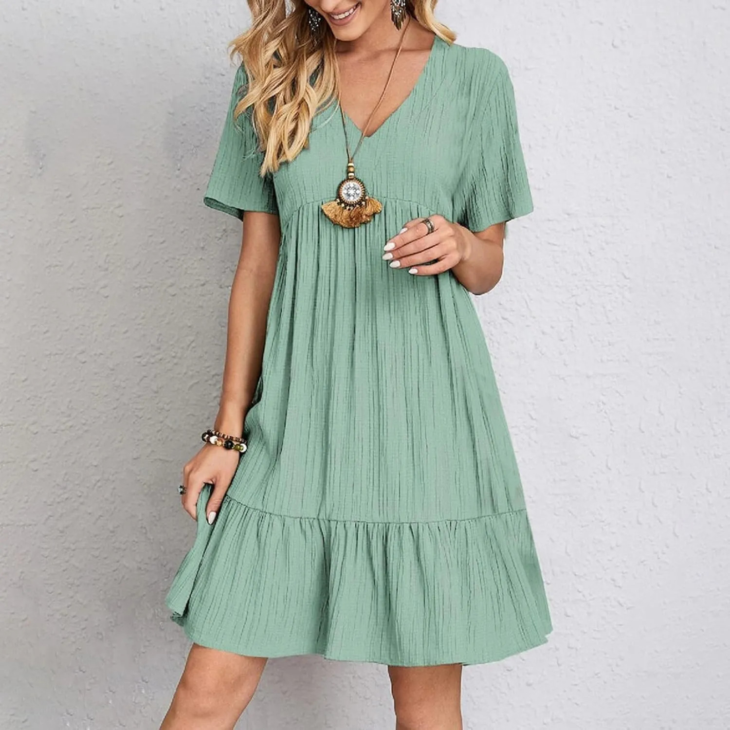 Womens Summer Dress V Neck Short Sleeve Ruffle Hem Tiered Flowy Swing Midi Dresses 2025 Beach Vacation Sundress Outfits