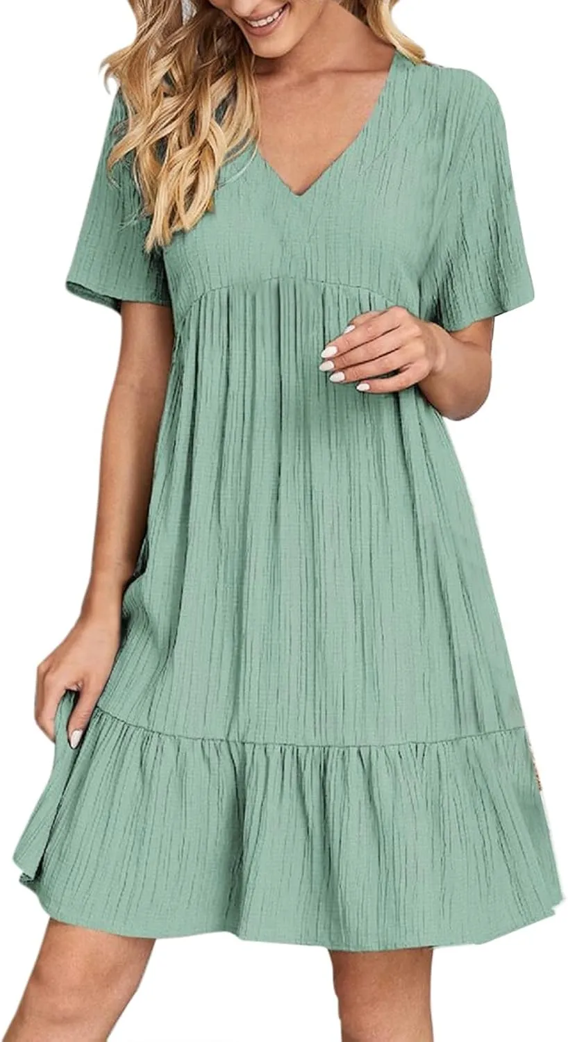 Womens Summer Dress V Neck Short Sleeve Ruffle Hem Tiered Flowy Swing Midi Dresses 2025 Beach Vacation Sundress Outfits