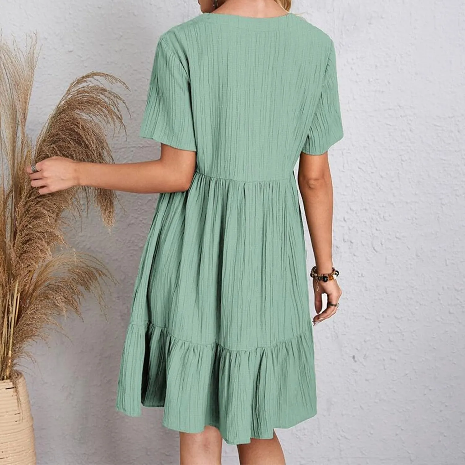Womens Summer Dress V Neck Short Sleeve Ruffle Hem Tiered Flowy Swing Midi Dresses 2025 Beach Vacation Sundress Outfits