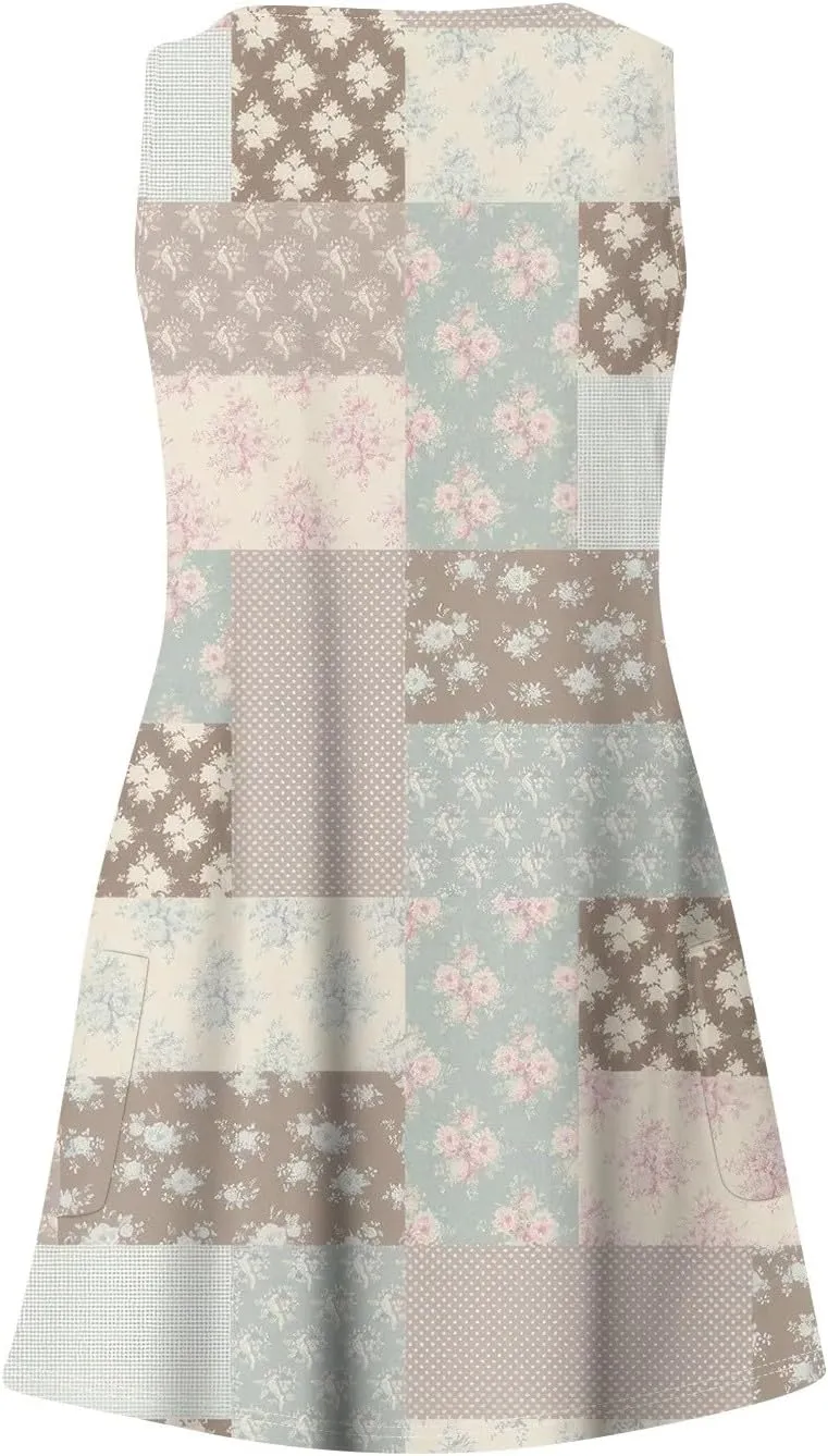 Womens Summer Dresses Sleeveless V Neck Sundress Printed Beach Dress with Pocket Vacation Casual Swimsuit Coverup