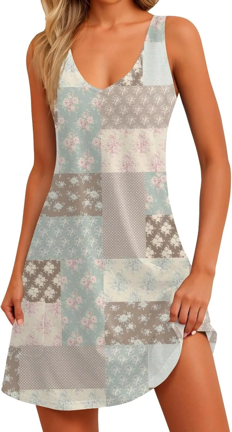 Womens Summer Dresses Sleeveless V Neck Sundress Printed Beach Dress with Pocket Vacation Casual Swimsuit Coverup