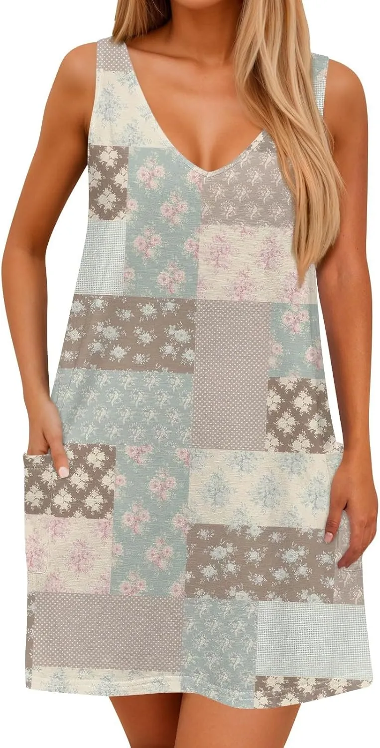 Womens Summer Dresses Sleeveless V Neck Sundress Printed Beach Dress with Pocket Vacation Casual Swimsuit Coverup