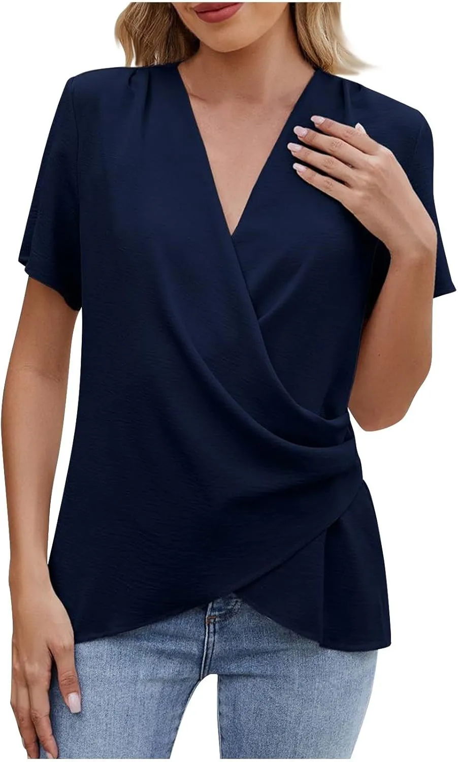 Womens Summer V Neck Short Sleeve Wrap Top Tees Casual Cute Shirts Blouse Solid Color Vacation Going Out Tops