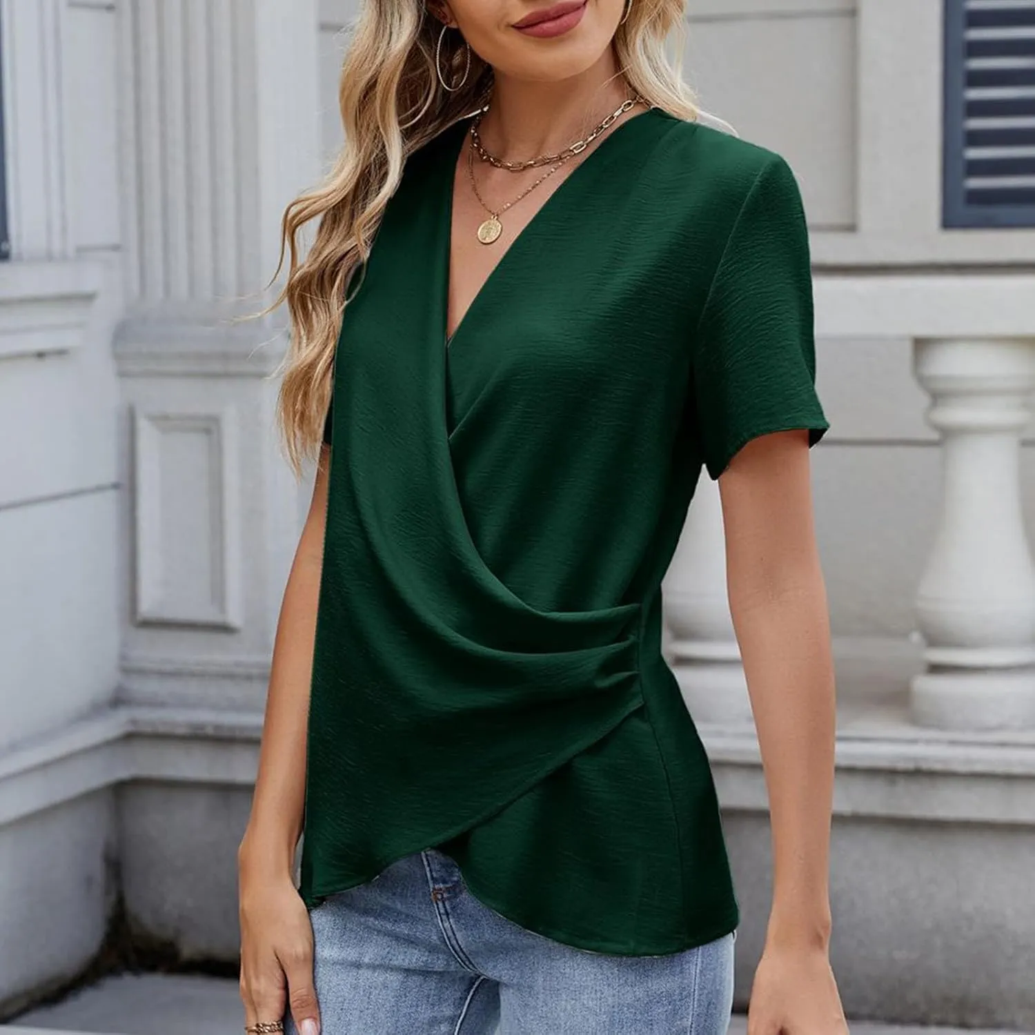 Womens Summer V Neck Short Sleeve Wrap Top Tees Casual Cute Shirts Blouse Solid Color Vacation Going Out Tops