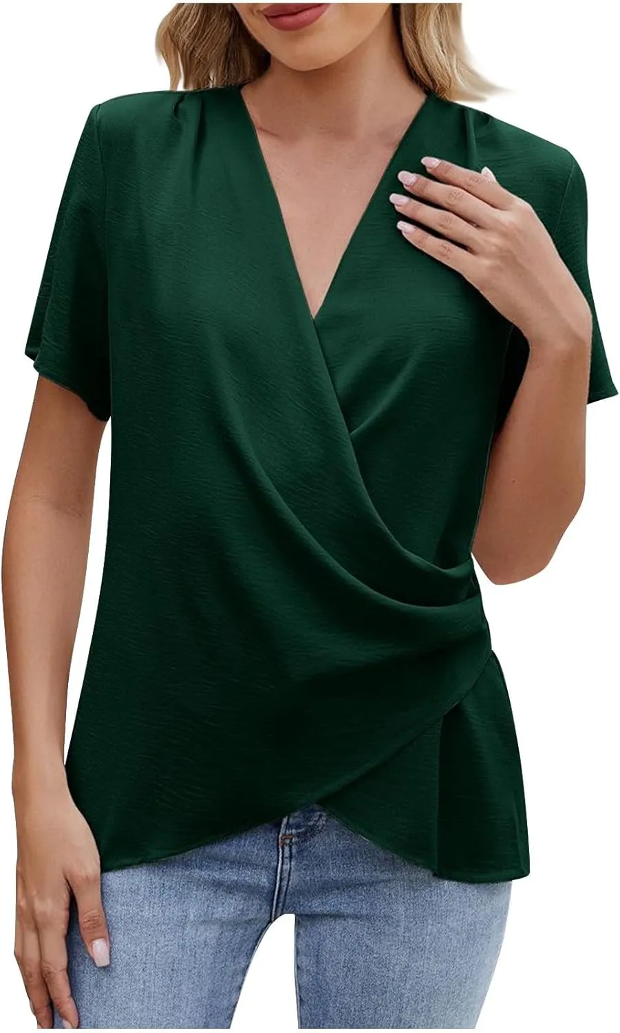 Womens Summer V Neck Short Sleeve Wrap Top Tees Casual Cute Shirts Blouse Solid Color Vacation Going Out Tops