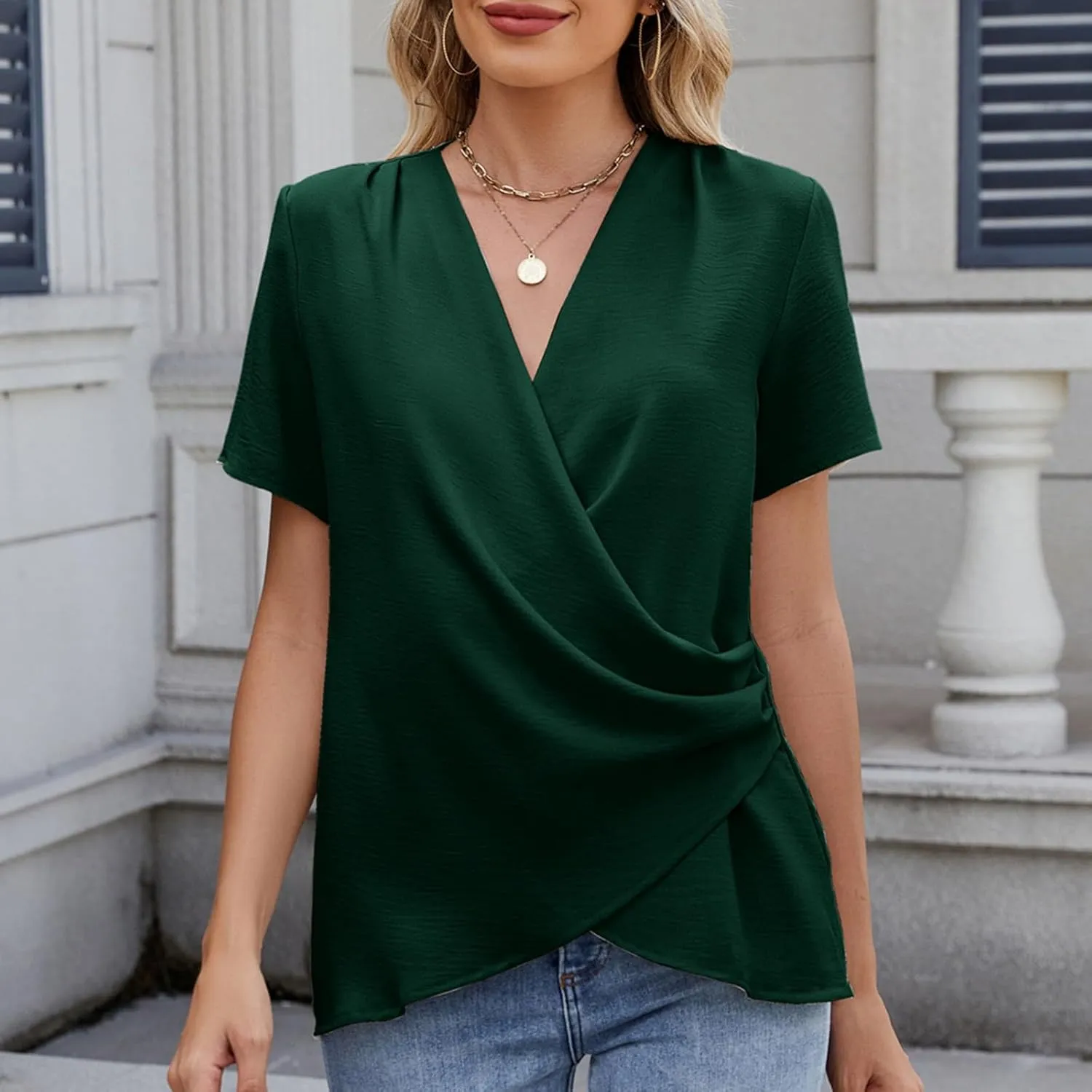 Womens Summer V Neck Short Sleeve Wrap Top Tees Casual Cute Shirts Blouse Solid Color Vacation Going Out Tops