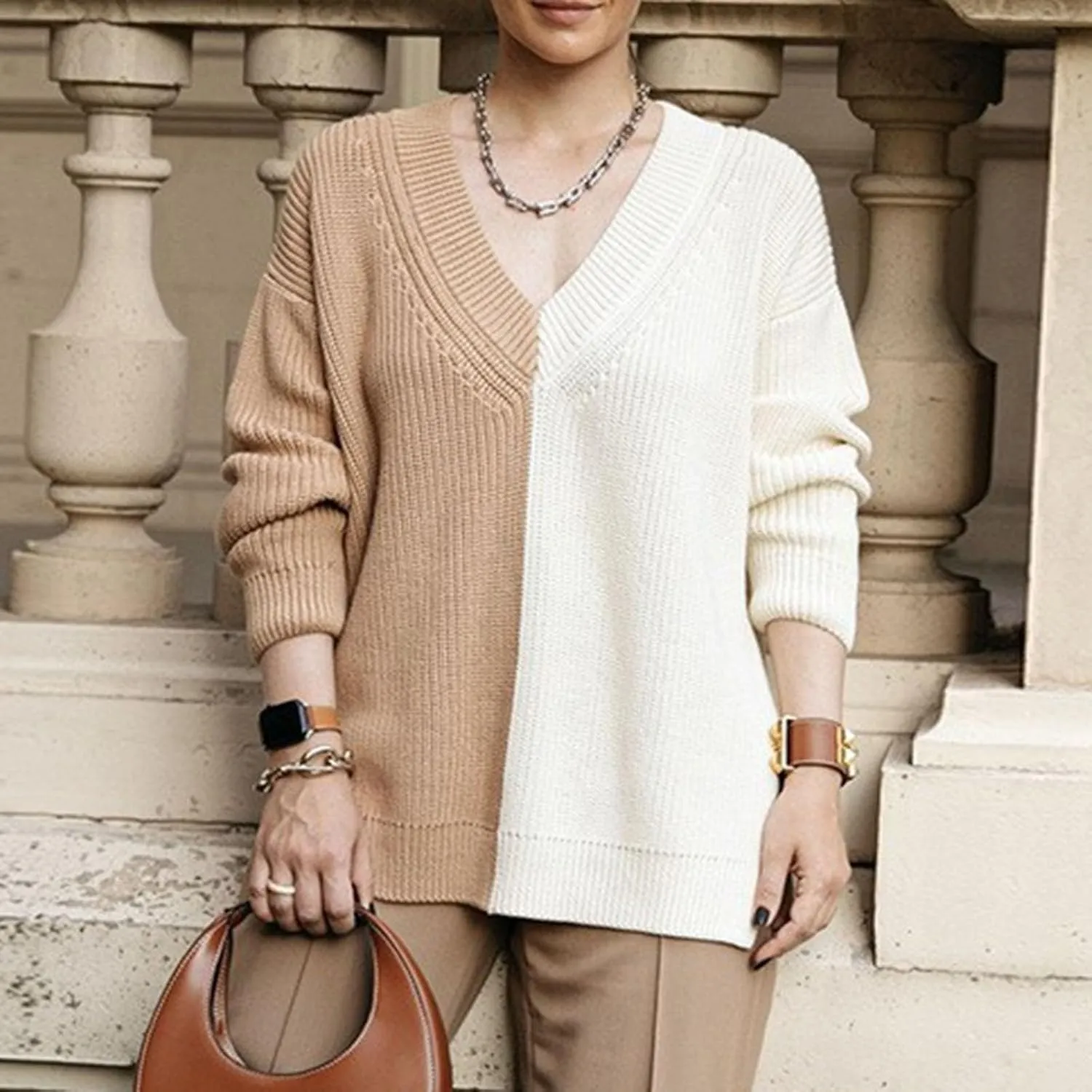 Womens Sweaters Fall Dressy Casual V Neck Long Sleeve Pullover Fashion Clothes 2024 Color Block Knit Trendy Tops