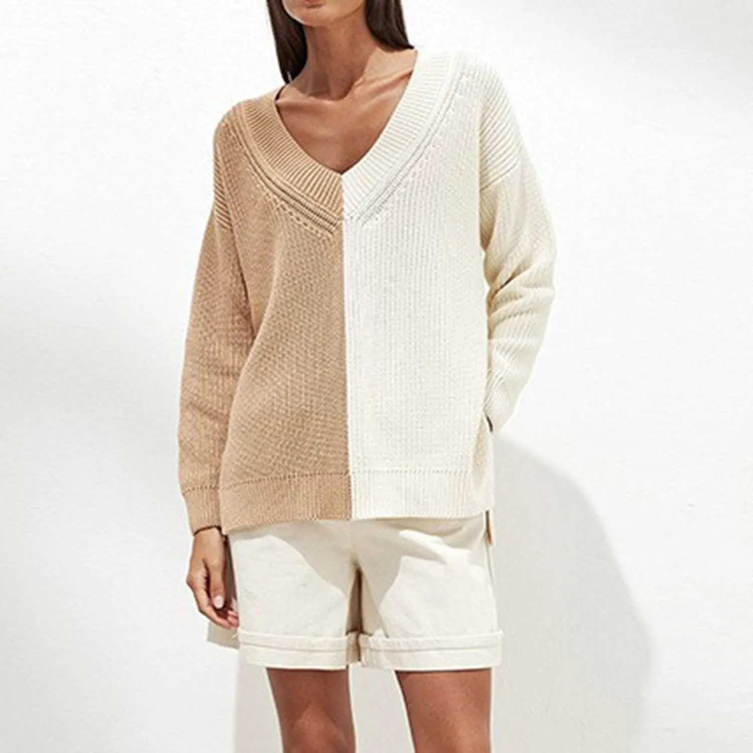Womens Sweaters Fall Dressy Casual V Neck Long Sleeve Pullover Fashion Clothes 2024 Color Block Knit Trendy Tops