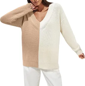 Womens Sweaters Fall Dressy Casual V Neck Long Sleeve Pullover Fashion Clothes 2024 Color Block Knit Trendy Tops