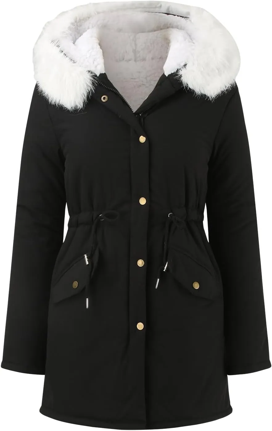 Women's Warm Winter Puffer Coats Thicken Fleece Lined Down Jackets Faux Fur Hooded Snow Parkas Overcoats with Pockets